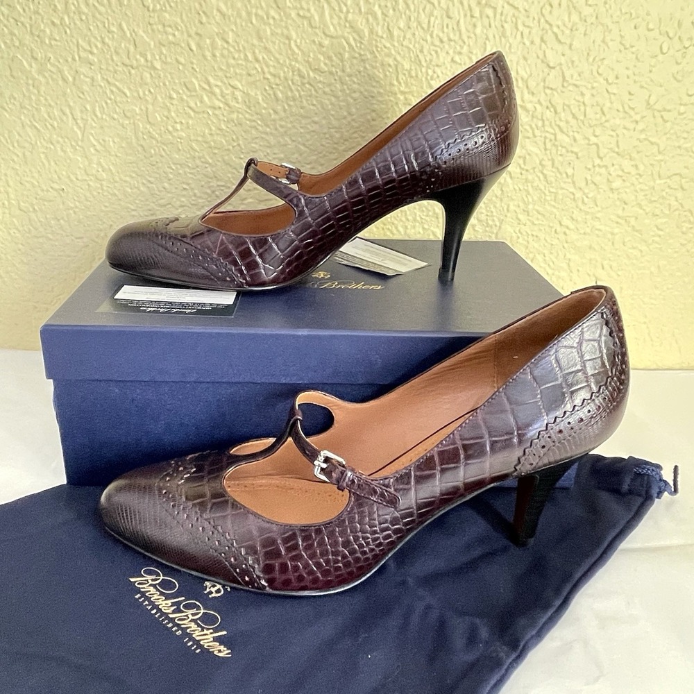 Brooks Brothers Dark Pink Brown Wingtip T-Strap Pumps Reptile Croc Embossed 10